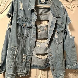 Light Blue Distressed Denim Jacket for Women
